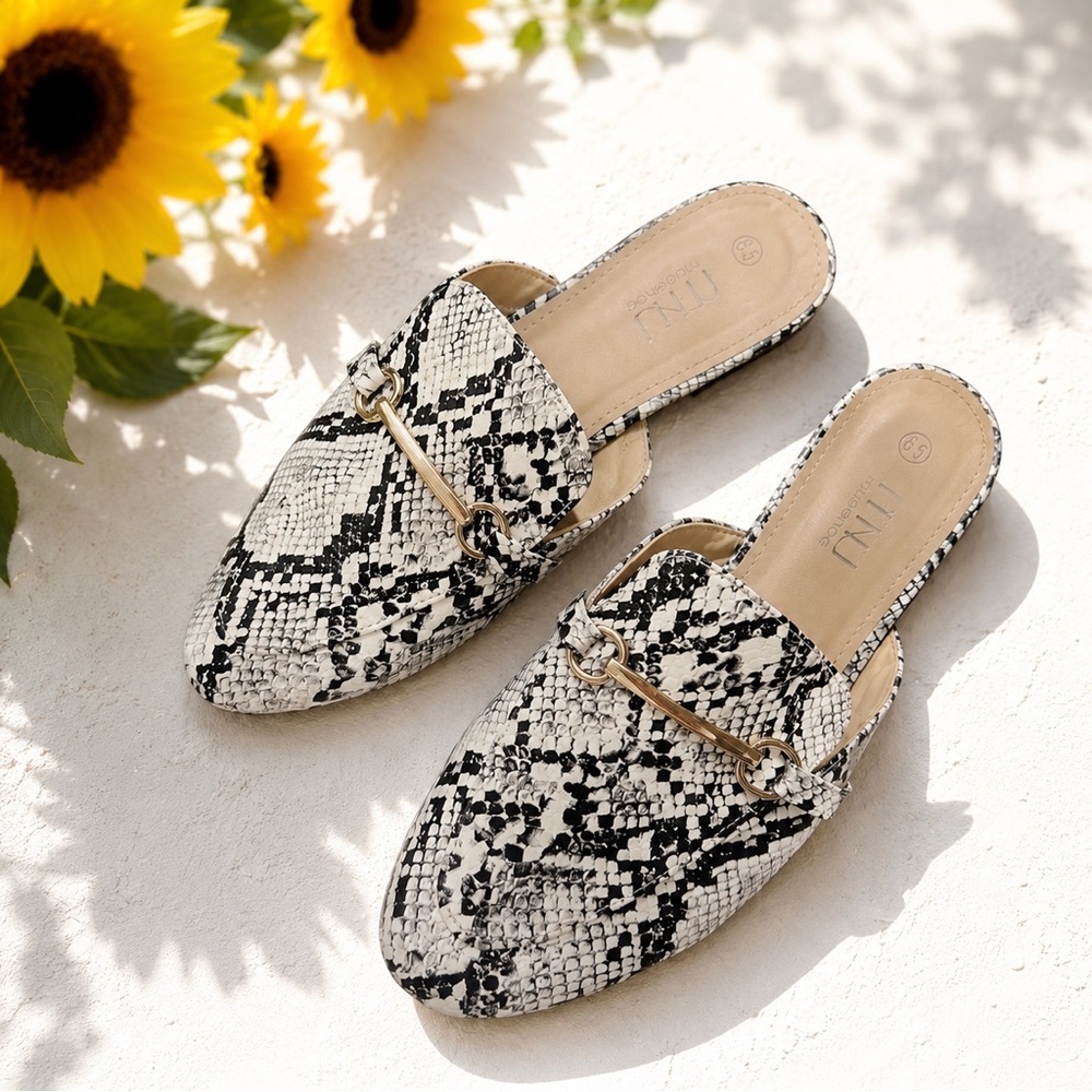 Snake Print Slip On Mules Loafers with Gold Accent White Black Animal Print